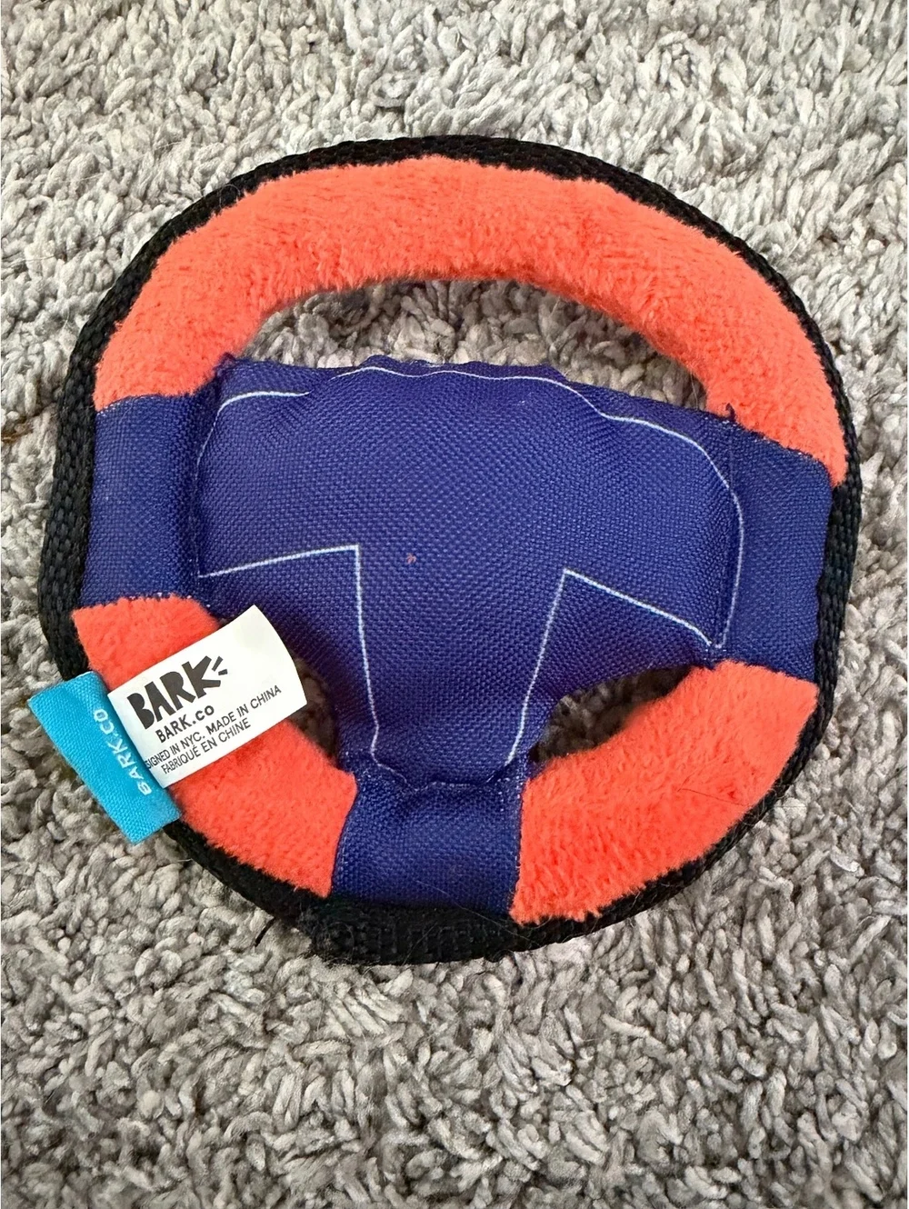 Bark & Co Plush Dog Toy Steering Wheel in Orange and Navy Blue Small Dog